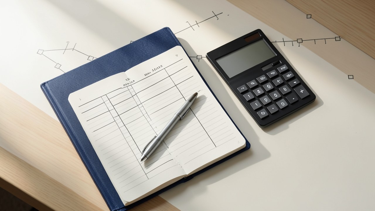 An open notebook with a hand-drawn amortization schedule, a calculator, and a pen, on a warm off-white background with a subtle plan-line motif.