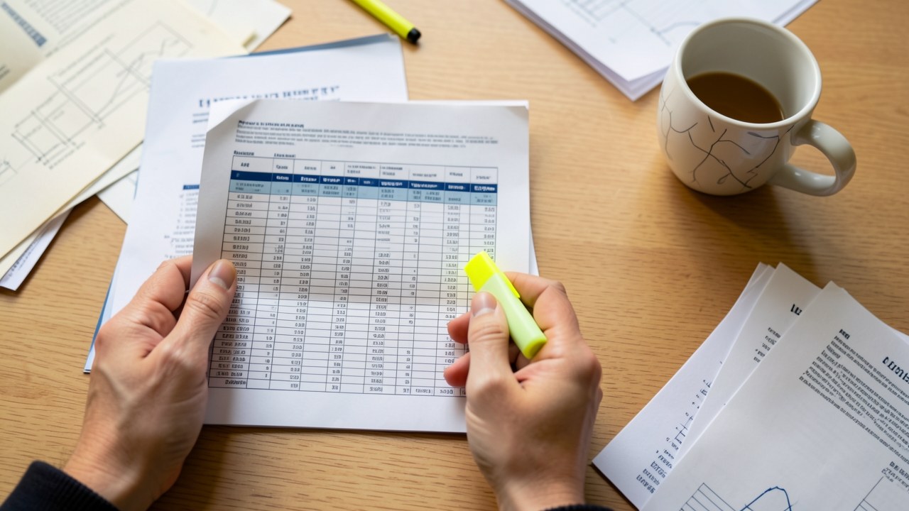A person reviewing a printed amortization schedule with a highlighter, surrounded by financial documents and a cup of coffee.
