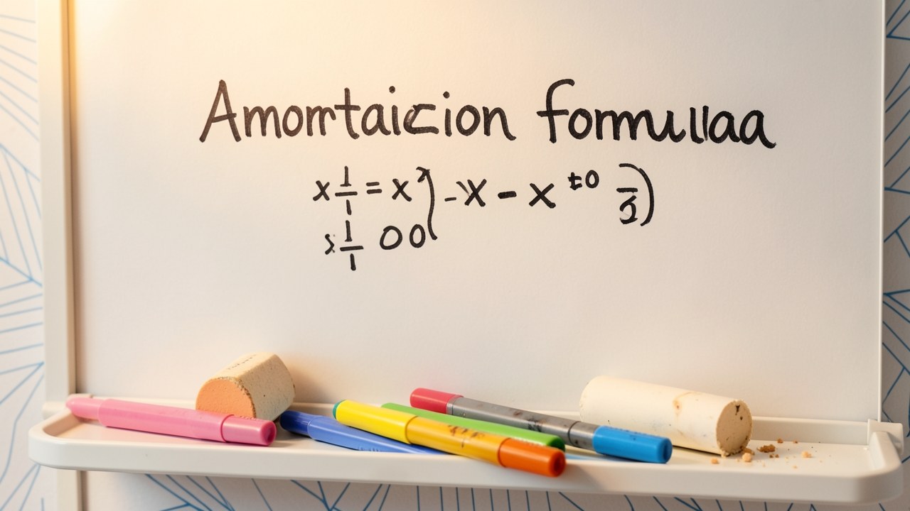 A close-up of a whiteboard with the amortization formula written in marker, an eraser and markers nearby.