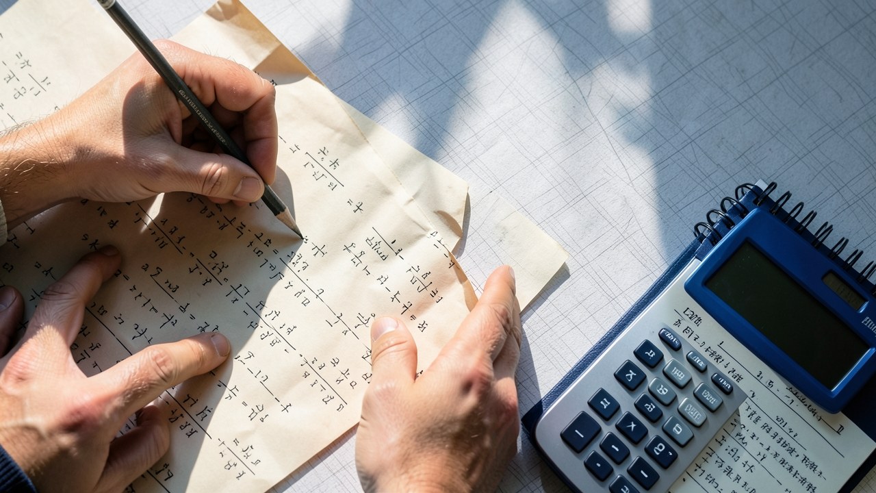 A person using a pencil and paper to calculate loan payments, with a financial calculator and a notebook.