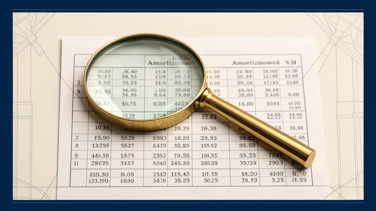 A magnifying glass over a printed amortization schedule, highlighting the columns of principal and interest.