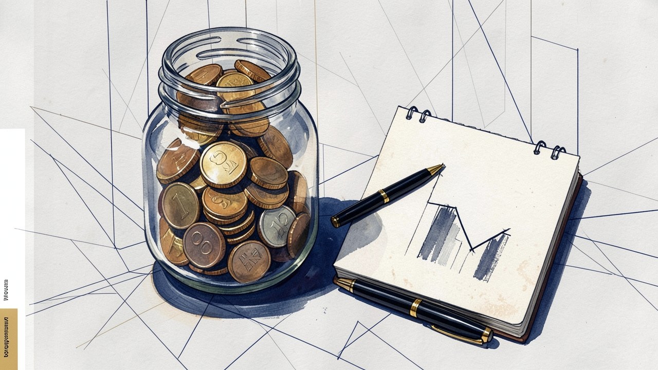 A jar of coins and a pen next to a notepad with a bar chart showing a declining balance, symbolizing extra payments.