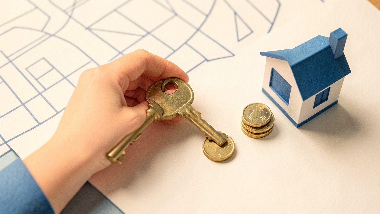 A hand holding a key, with a stack of coins and a small house model, representing the goal of paying off a loan.