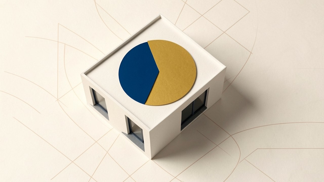 A stylized illustration of a house with a pie chart on its front, showing the split between principal and interest.