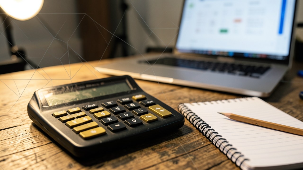 A scientific calculator next to a notepad and a pencil, with a blurred laptop screen showing a loan calculator in the background.