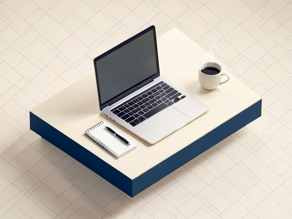 A clean work desk with a laptop, notepad, and a coffee cup, symbolizing the editorial team's workspace.