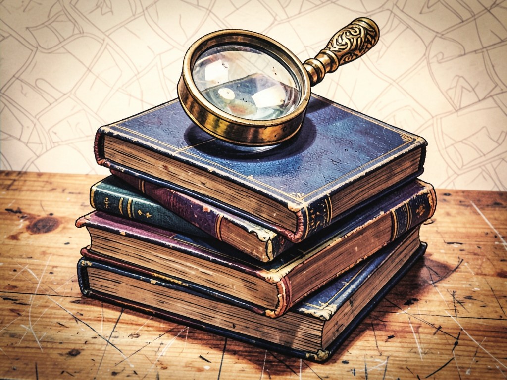 A stack of books and a magnifying glass on a table, representing research and fact-checking.
