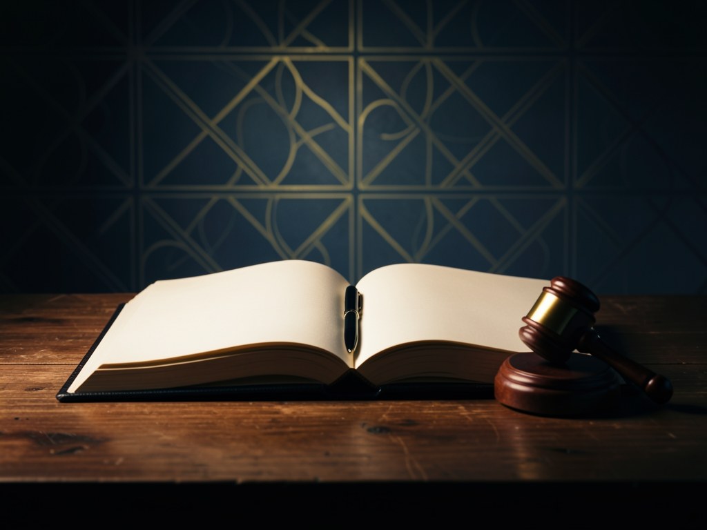 An open book with a pen and a small gavel, symbolizing legal terms and agreements.