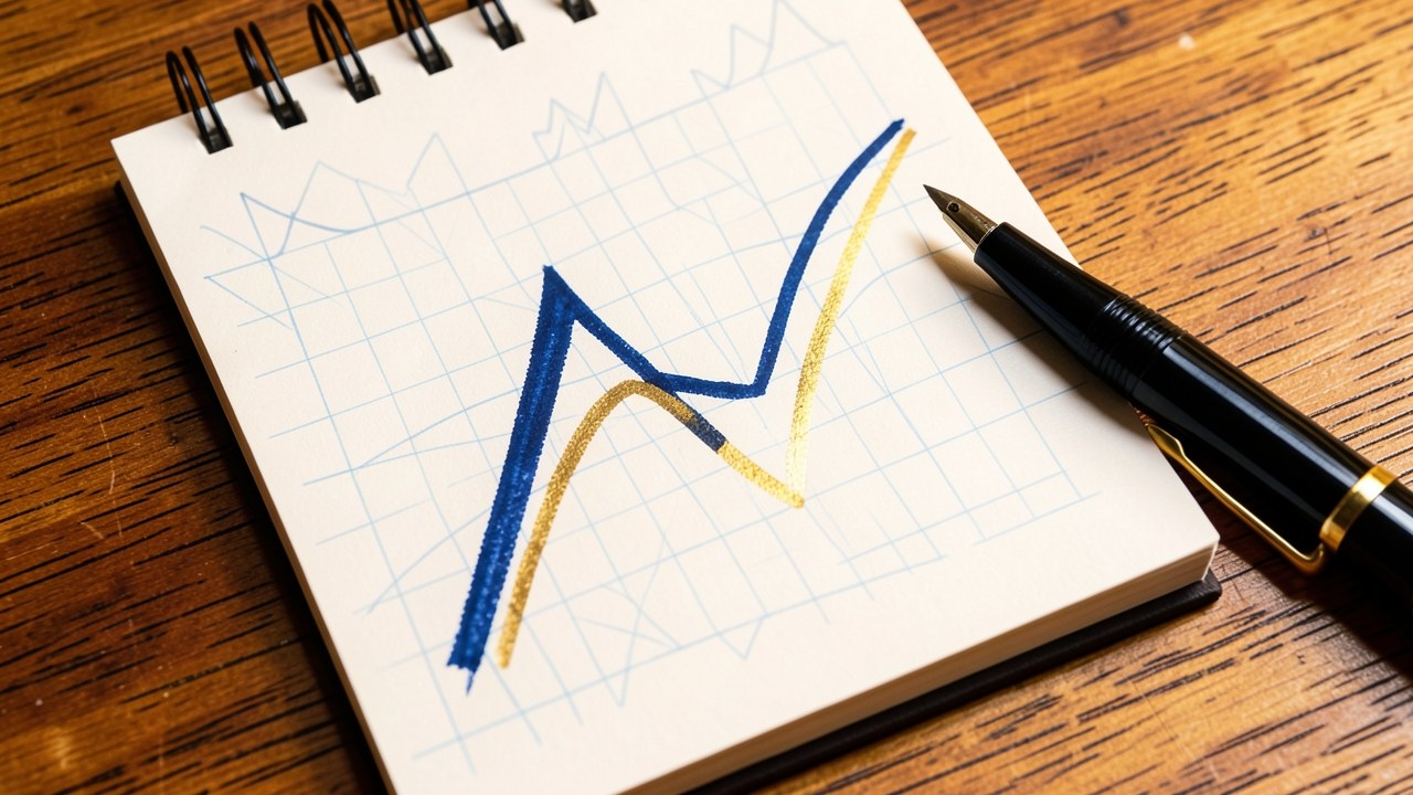 A simple line graph with two curves, one steep and one shallow, on a notepad, symbolizing loan term impact.
