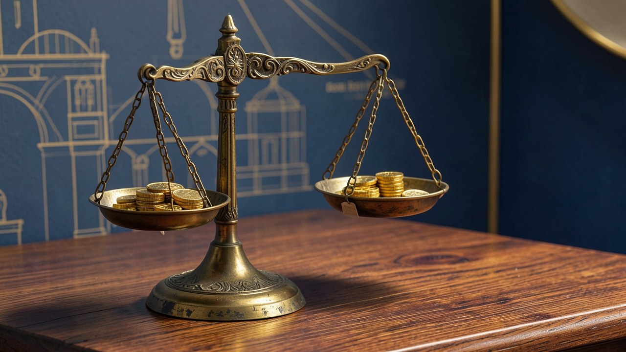 A balance scale with two pans, one labeled 'amortized' and the other 'simple interest', representing a comparison.