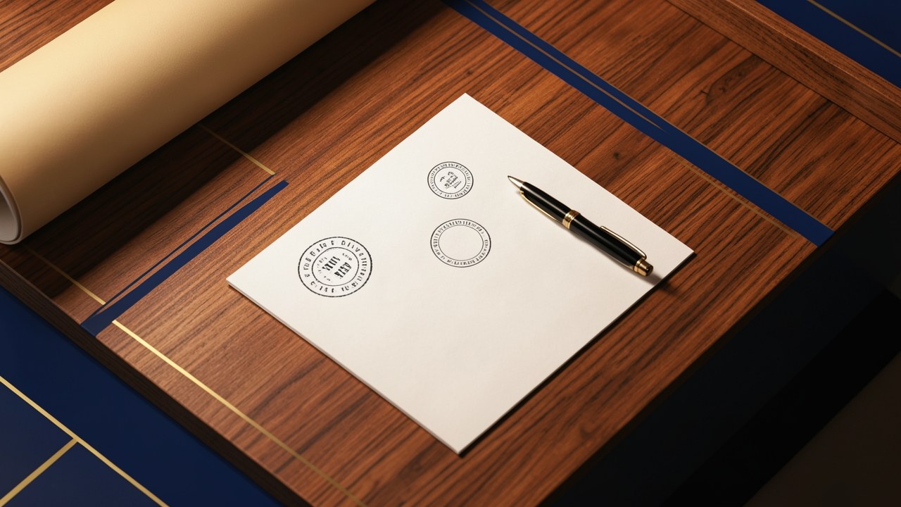 A document with a stamp and a pen, representing refinancing a loan agreement.