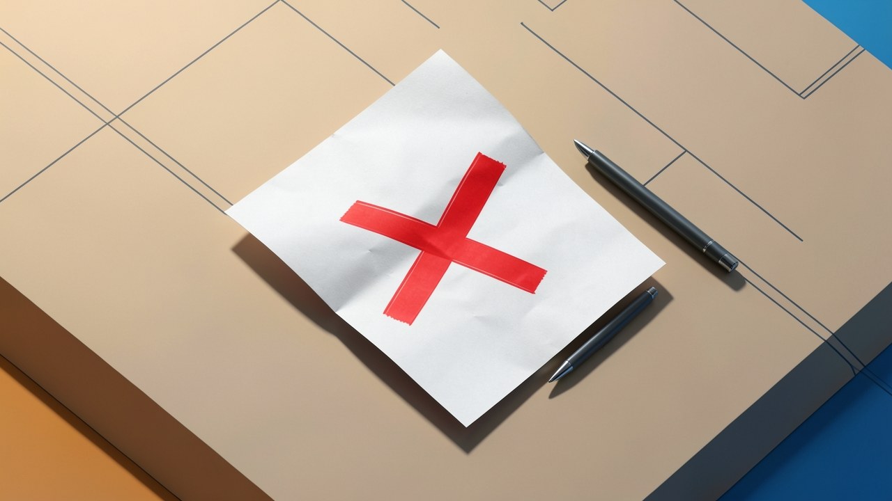 A red 'X' mark on a paper document with a pen, symbolizing a mistake or error.